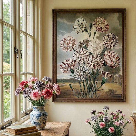 ヴィンテージの斑入りのカーネーションの花と灰色の空 ポスター