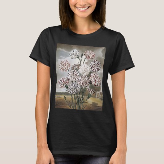 ヴィンテージの斑入りのカーネーションの花と灰色の空 Tシャツ (正面)