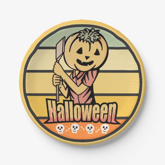 ヴィンテージの斧つきハロウィンカボチャ及びスカル ペーパープレート (正面)