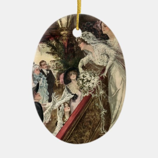 ヴィンテージの新婚夫婦、ビクトリア朝の花嫁がブーケを投げる、 セラミックオーナメント (正面)