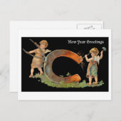 ヴィンテージの新年の挨拶 シーズンポストカード (正面/裏面)