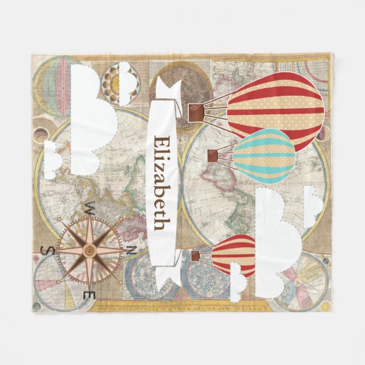 ヴィンテージの旅行者の熱気は世界地図の名前を風船のようにふくらませます フリースブランケット (正面(横))
