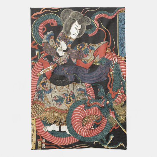 ヴィンテージの日本ので赤いドラゴン キッチンタオル (縦)