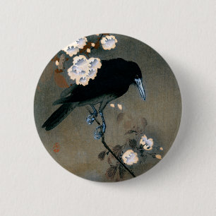 ヴィンテージの日本のなカラスおよび花のWoodblockのプリント 缶バッジ