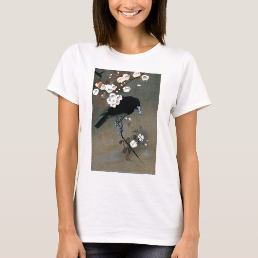 ヴィンテージの日本のなカラスおよび花のWoodblockのプリント Tシャツ (正面)