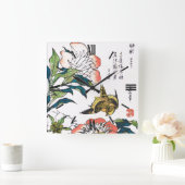 ヴィンテージの日本のなスケッチ、シャクヤクおよびすずめ スクエア壁時計 (ホーム)