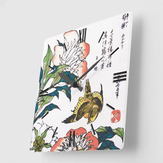 ヴィンテージの日本のなスケッチ、シャクヤクおよびすずめ スクエア壁時計 (傾斜)