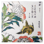 ヴィンテージの日本のなスケッチ、シャクヤクおよびすずめ タイル (正面)