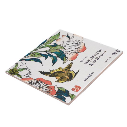 ヴィンテージの日本のなスケッチ、シャクヤクおよびすずめ タイル (側面)