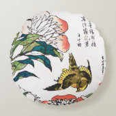 ヴィンテージの日本のなスケッチ、シャクヤクおよびすずめ ラウンドクッション (正面)