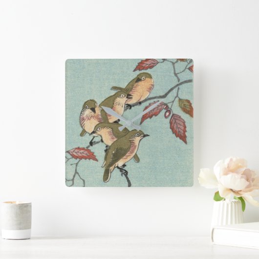 ヴィンテージの日本のなファインアート|の緑の鳥 スクエア壁時計 (ホーム)