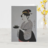 ヴィンテージの日本のな女性のサービングの茶挨拶状 カード (黄色い花)