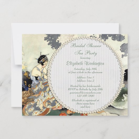 ヴィンテージの日本のな庭のお茶会のブライダルシャワー 招待状 (裏面)