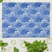 ヴィンテージの日本のな波、コバルトブルーおよび白 キッチンタオル (折り畳み)