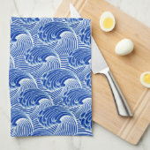 ヴィンテージの日本のな波、コバルトブルーおよび白 キッチンタオル (四つ折り)
