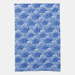 ヴィンテージの日本のな波、コバルトブルーおよび白 キッチンタオル