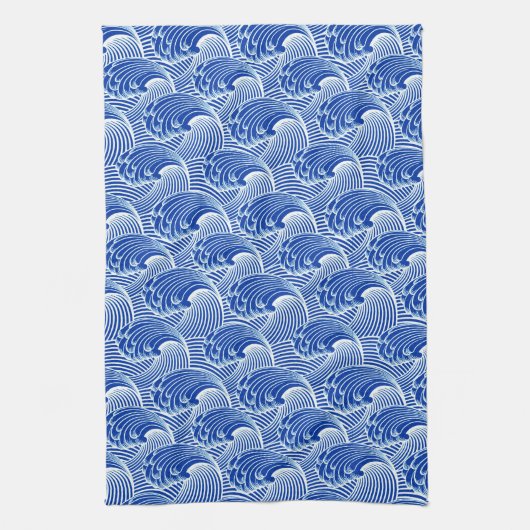 ヴィンテージの日本のな波、コバルトブルーおよび白 キッチンタオル (縦)