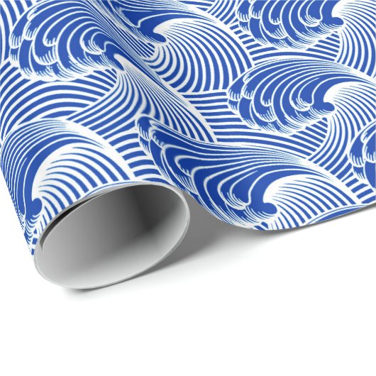 ヴィンテージの日本のな波、コバルトブルーおよび白 ラッピングペーパー (ロールコーナー)