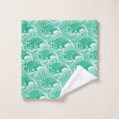 ヴィンテージの日本のな波、ヒスイ緑および白 バスタオルセット (ウォッシュタオル)