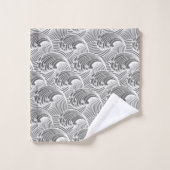 ヴィンテージの日本のな波、灰色/灰色および白 バスタオルセット (ウォッシュタオル)