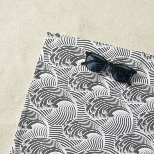 ヴィンテージの日本のな波、灰色/灰色および白 ビーチタオル (インサイチュ)