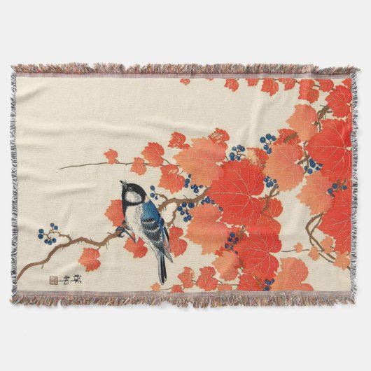 ヴィンテージの日本人のジェイの鳥および秋のデマ スローブランケット (正面)