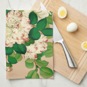 ヴィンテージの日本人のツバキ。 ベージュ色で濃いピンク キッチンタオル (四つ折り)