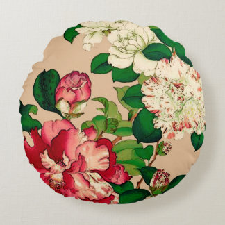 ヴィンテージの日本人のツバキ。 ベージュ色で濃いピンク ラウンドクッション