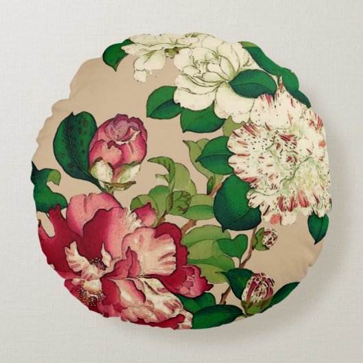 ヴィンテージの日本人のツバキ。 ベージュ色で濃いピンク ラウンドクッション (正面)