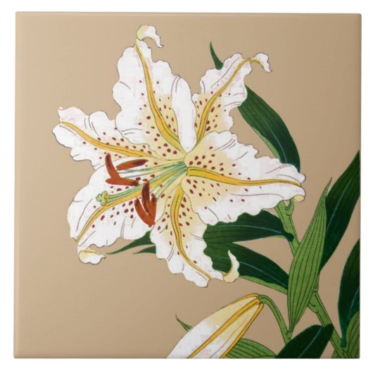 ヴィンテージの日本語Liliy。 白、緑およびベージュ色 タイル (正面)