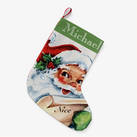 ヴィンテージの旧式なサンタのニースのリストのクリスマスのストッキング スモールクリスマスストッキング (正面 (吊り時))