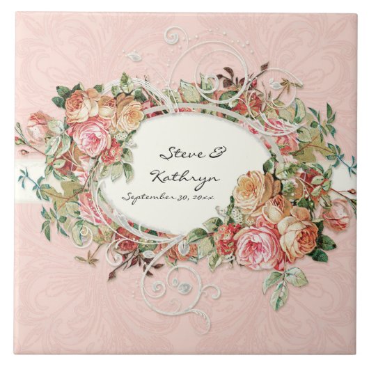 ヴィンテージの旧式なバラの花花束のモダンの渦巻 タイル (正面)