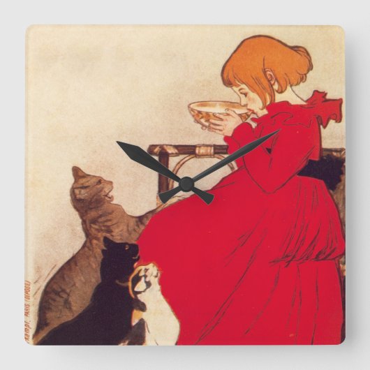 ヴィンテージの旧式な女の子のミルク猫Theophile Steinlen スクエア壁時計 (正面)