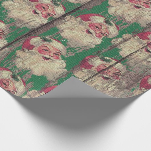 ヴィンテージの旧式な木製のサンタの休日の包装紙 ラッピングペーパー (角)