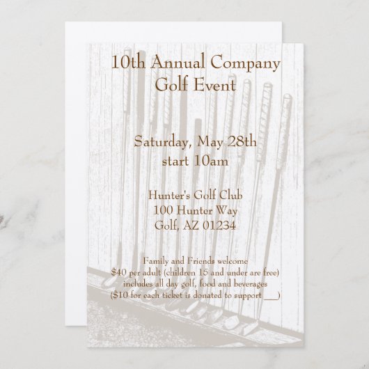 ヴィンテージの旧式な黄色及びブラウンのゴルフクラブ 招待状 (正面/裏面)