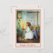 ヴィンテージの明けましておめでとうの子供の時計 シーズンポストカード (正面/裏面)