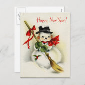 ヴィンテージの明けましておめでとうの雪だるまの郵便はがき シーズンポストカード (正面/裏面)