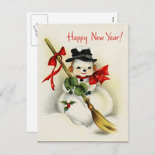 ヴィンテージの明けましておめでとうの雪だるまの郵便はがき シーズンポストカード (正面/裏面)