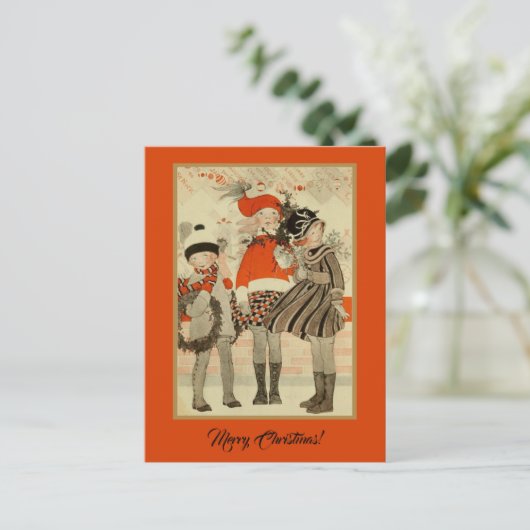 ヴィンテージの昔をテーマにしたクリスマスの冬の子供 ポストカード (スタンド正面)