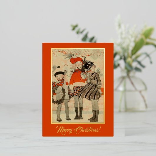 ヴィンテージの昔をテーマにしたクリスマスの冬の子供 箔シーズンポストカード (立ち正面)