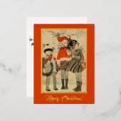ヴィンテージの昔をテーマにしたクリスマスの冬の子供 箔シーズンポストカード (正面/裏面)
