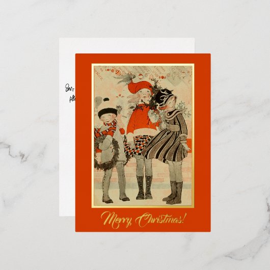 ヴィンテージの昔をテーマにしたクリスマスの冬の子供 箔シーズンポストカード (正面/裏面)