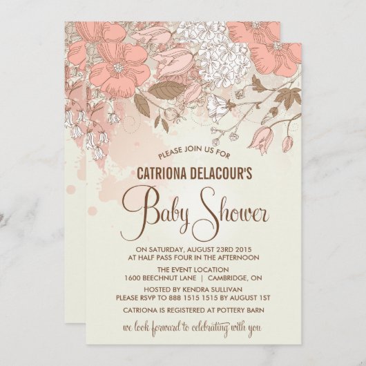 ヴィンテージの春の花のベビーシャワーの招待状 招待状 (正面/裏面)