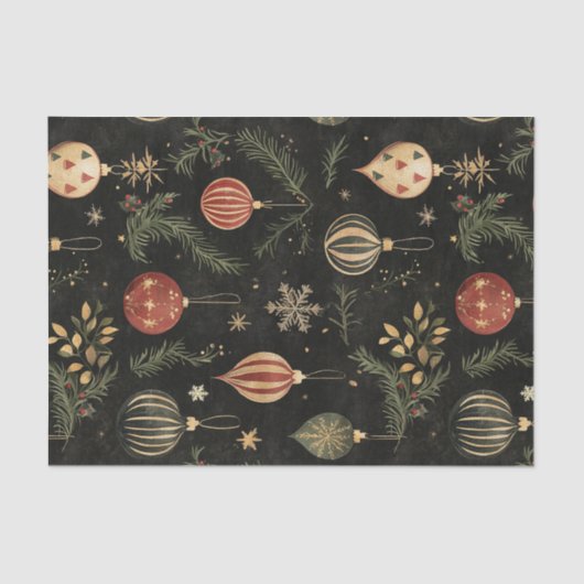 ヴィンテージの暗いクリスマスオーナメントと葉 薄葉紙 (正面)