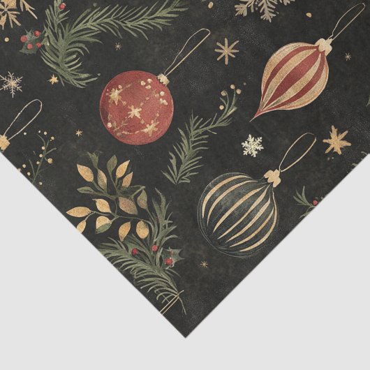 ヴィンテージの暗いクリスマスオーナメントと葉 薄葉紙 (詳細)