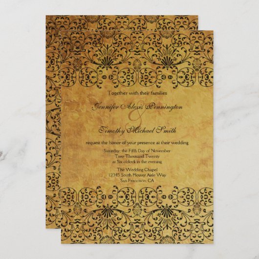 ヴィンテージの暗い黒い金ゴールドダマスクの結婚式 招待状 (正面/裏面)
