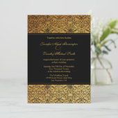 ヴィンテージの暗い黒い金ゴールドダマスクの結婚式 招待状 (スタンド正面)