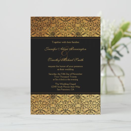 ヴィンテージの暗い黒い金ゴールドダマスクの結婚式 招待状 (スタンド正面)