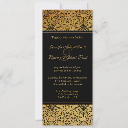 ヴィンテージの暗い黒い金ゴールドダマスクの結婚式 招待状 (正面)