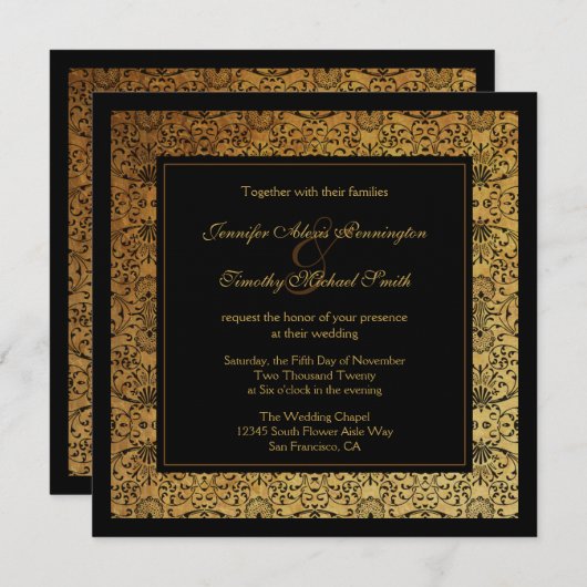 ヴィンテージの暗い黒い金ゴールドダマスクの結婚式 招待状 (正面/裏面)
